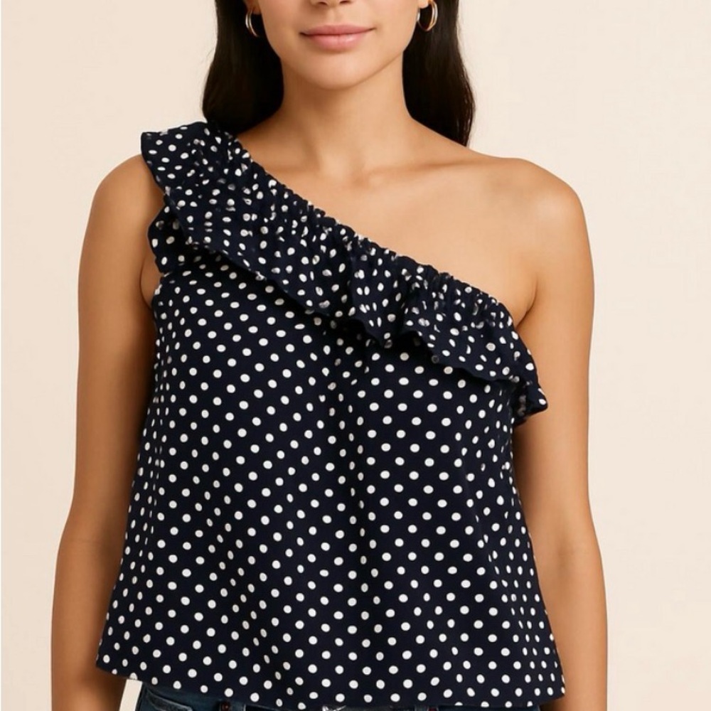 Ann Taylor Navy and White Polka Dot Ruffle Top Size Medium
